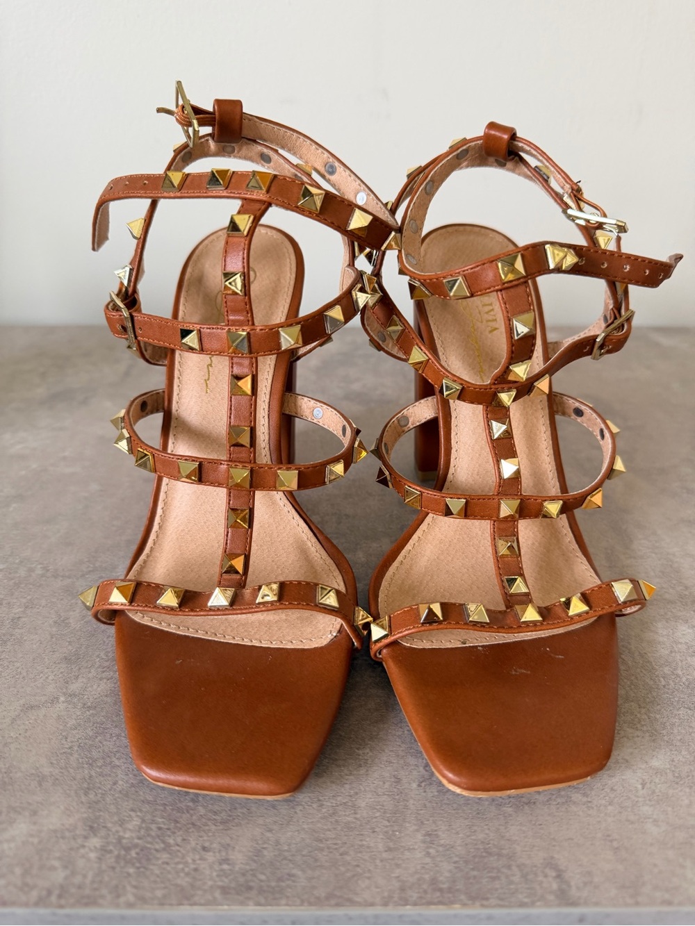 Women's Tan Studded Strappy Heeled Sandals